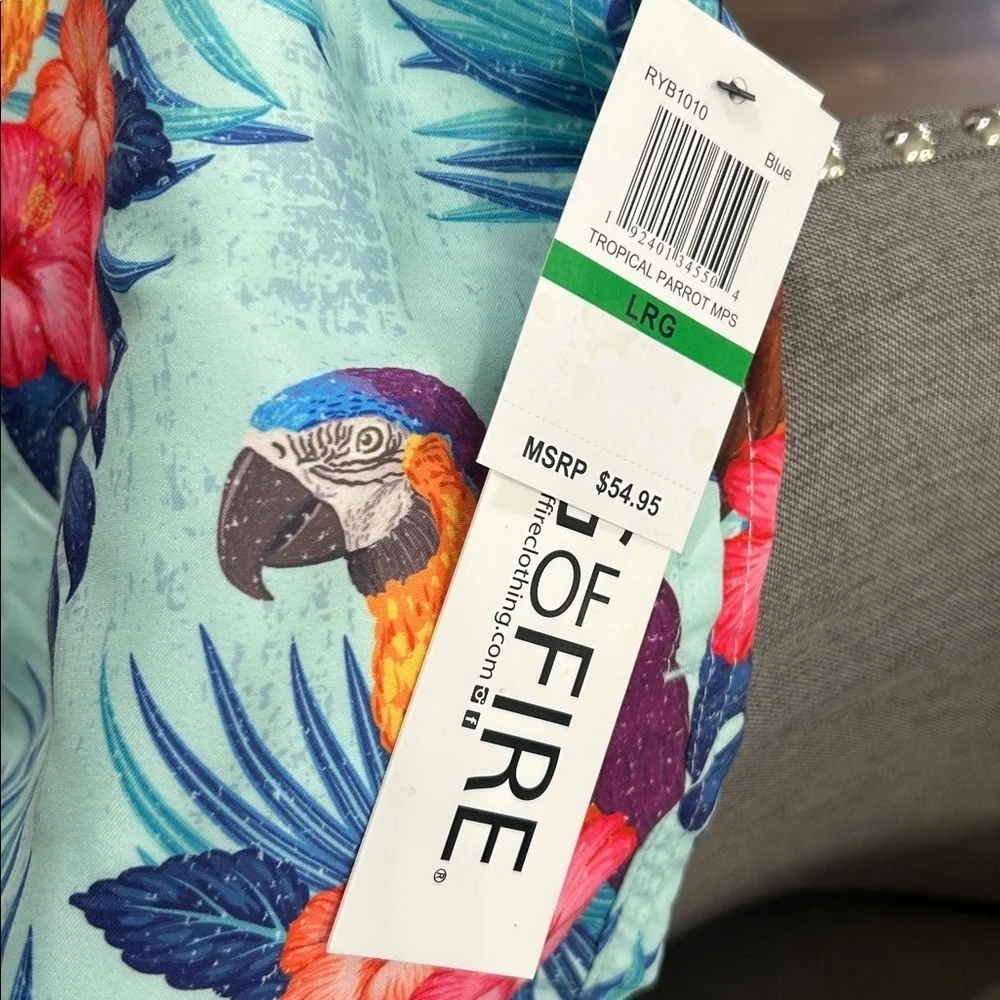 Ring of Fire Mens Shorts Swim Trunks Size L Blue Tropical Parrot Print Novelty